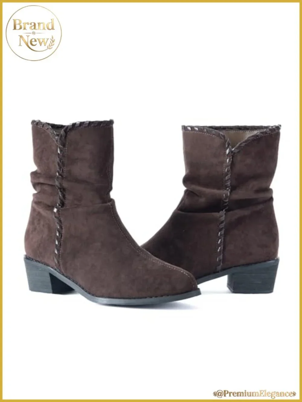 Faux Suede Slouchy Pointed Toe Ankle Booties Whipstitch Block Heel